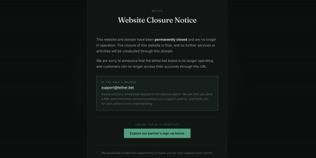 Tether.bet 网站关站通知截图